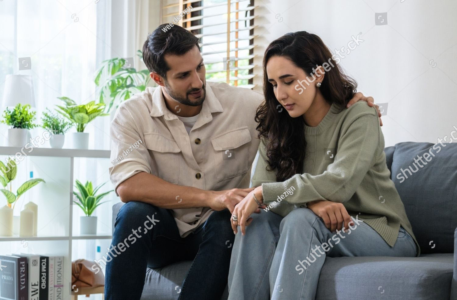 Stock Photo Supportive Couple In Emotional Moment At Home As Woman Struggles With Sadness And Stress Expressing 2645044003