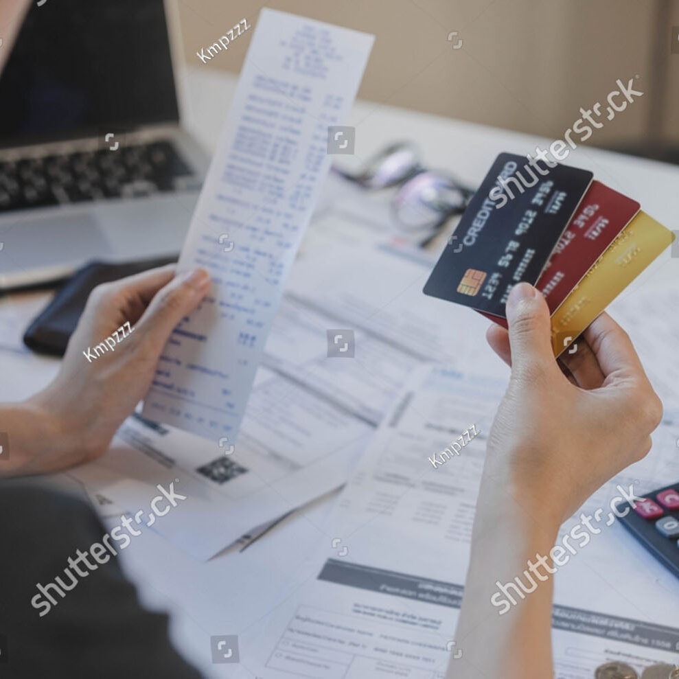 Stock Photo Financial Owe Hand Of Asian Woman Sitting Holding Many Credit Card Stressed By Calculate 2142861093