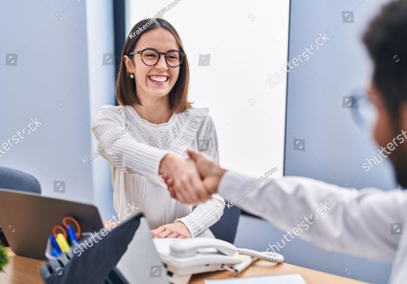 Stock Photo Man And Woman Business Workers Smiling Confident Shake Hands At Office 2338810079